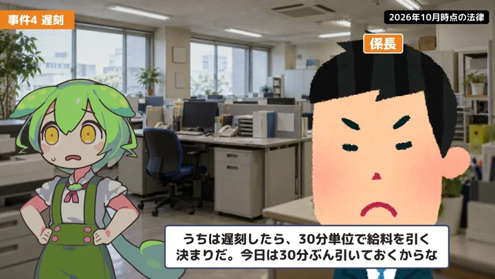 5分の遅刻で30分分と罰金1万円?の動画の場面2:係長が話す場面