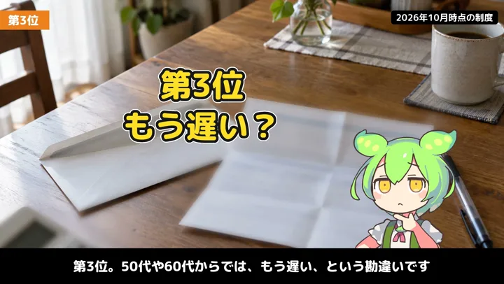 50代・60代からでは遅い?受け取り時期を見るの動画の場面1:ナレーションが話す場面