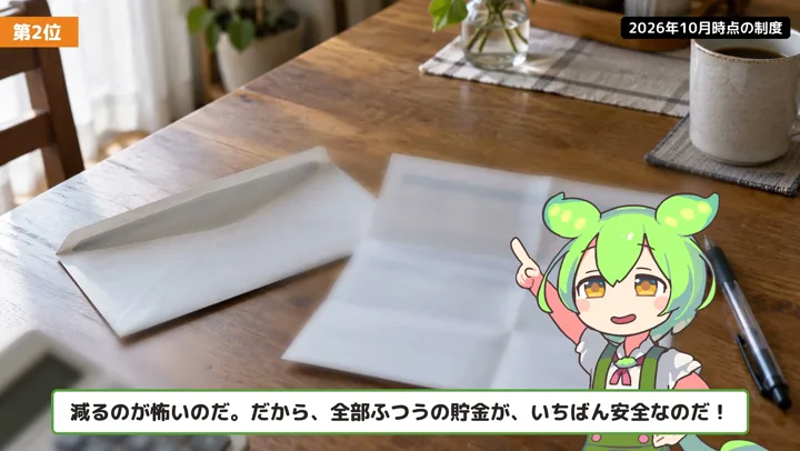 元本保証なら安心？貯金だけの見えない損の動画の場面2：ずんだもんが話す場面