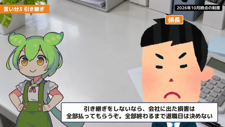 引き継ぎをしないと損害を全部払う?一覧で整理するの動画の場面1:係長が話す場面