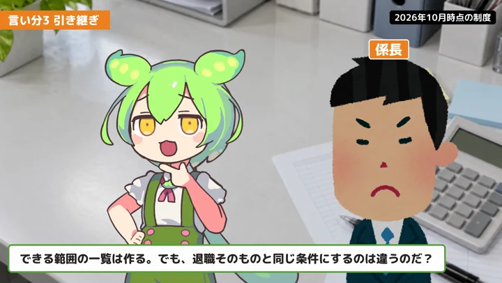 引き継ぎをしないと損害を全部払う?一覧で整理するの動画の場面2:ずんだもんが話す場面