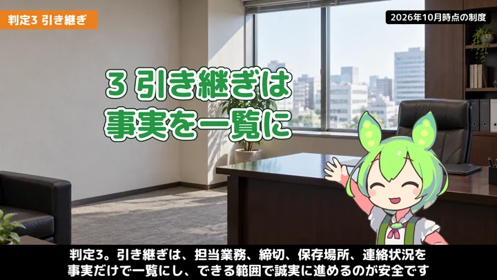 引き継ぎをしないと損害を全部払う?一覧で整理するの動画の場面4:ナレーションが話す場面