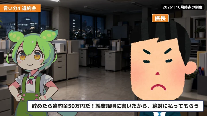 辞めたら違約金50万円?就業規則に書けば払うのかの動画の場面